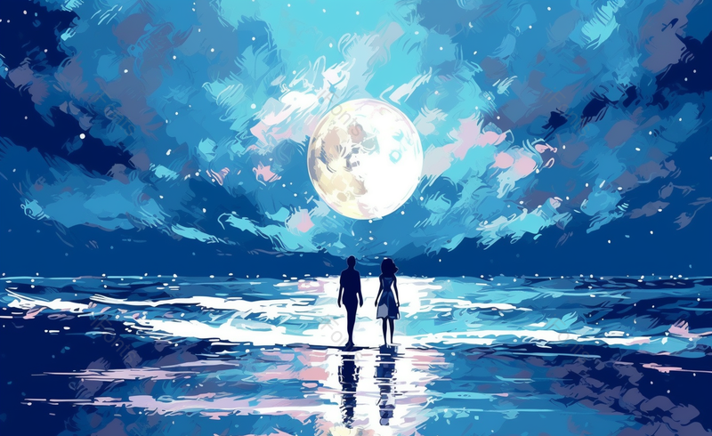 蓝色系月亮星空下情侣海边约会背景图,插画/手绘图,插画/手绘图库,插画/手绘图下载,插画/手绘